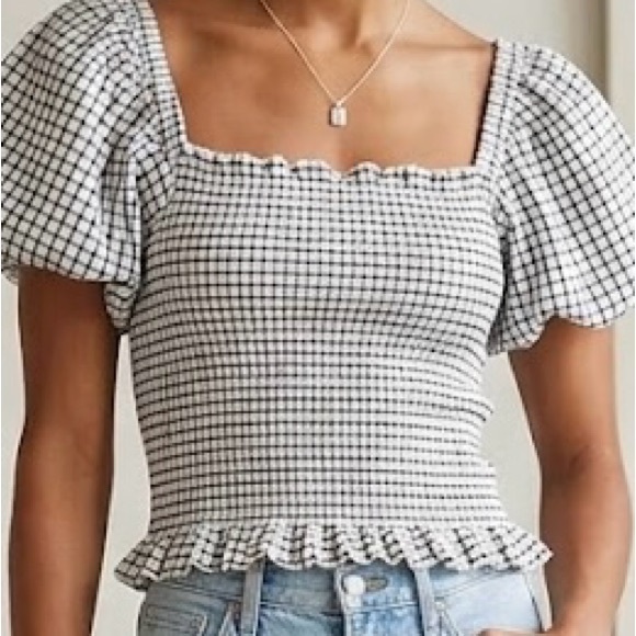 Anthropologie Tops - Maeve by Anthropologie Smocked Square-Neck Puff Sleeve Top in Black & White